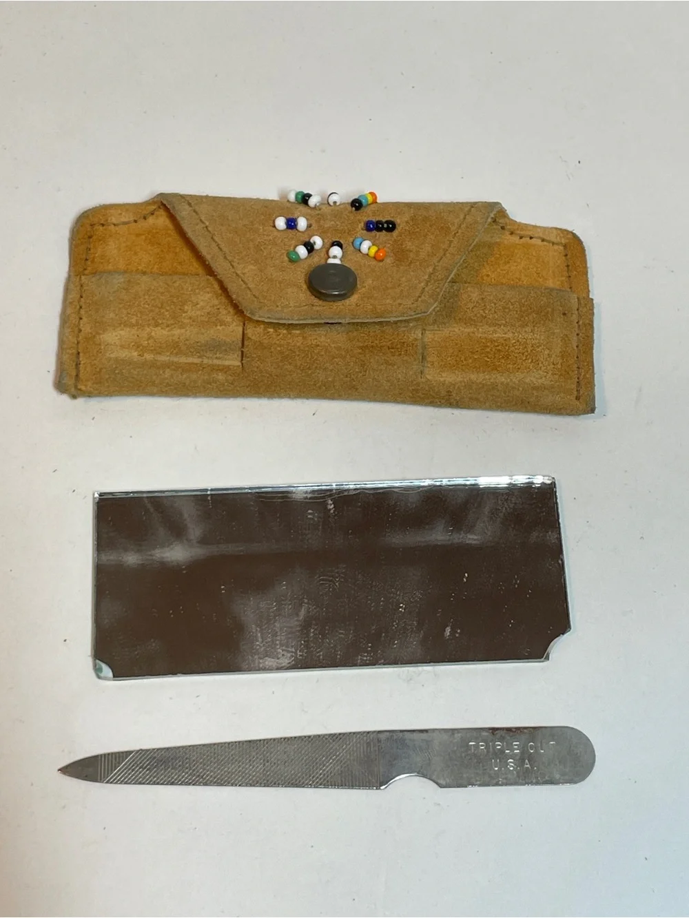 Antique Lake Superior Chippewa Beaded Suede Pouch Western, Nail File, Mirror